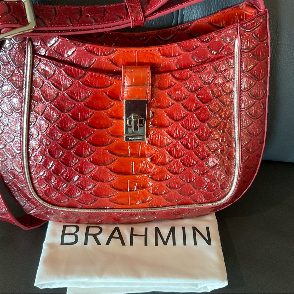 Brahmin Shimmering Red Embossed Shoulder Bag